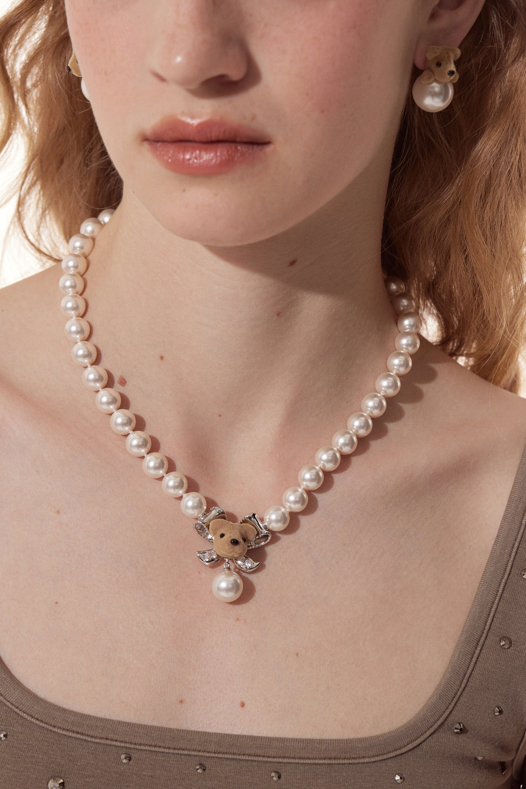 Ribbon Pearl Bear Necklace