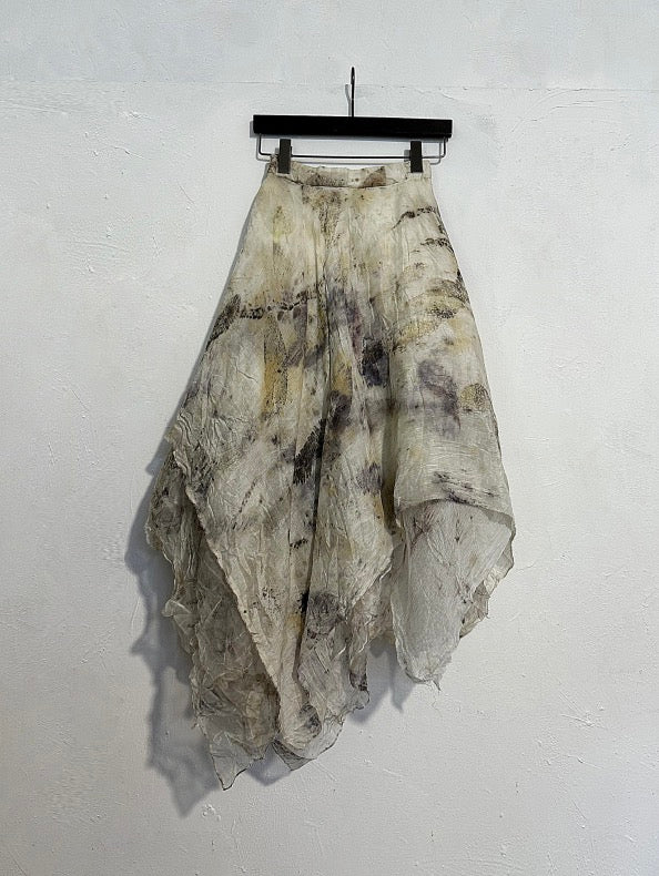 Botanical dyed asymmetric silk patchwork half skirt