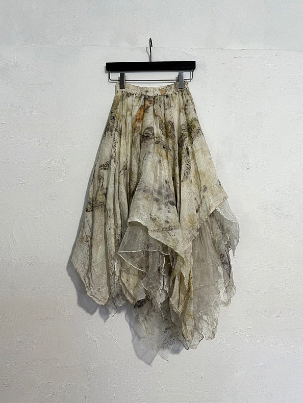 Botanical dyed asymmetric silk patchwork half skirt
