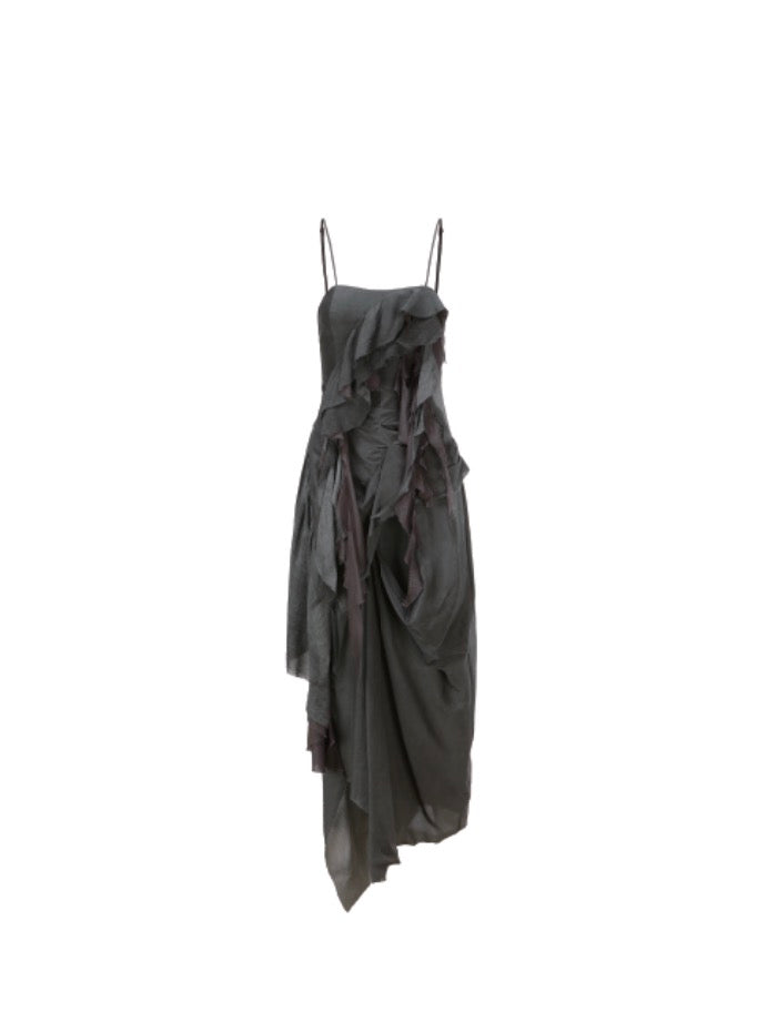 Deconstructed Flutter Piece Halter Long Dress (Gray Purple)