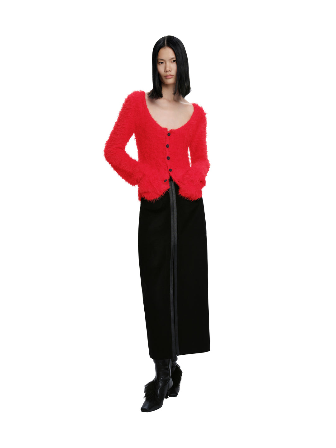 Black Wool Patchwork Slit Mini Skirt