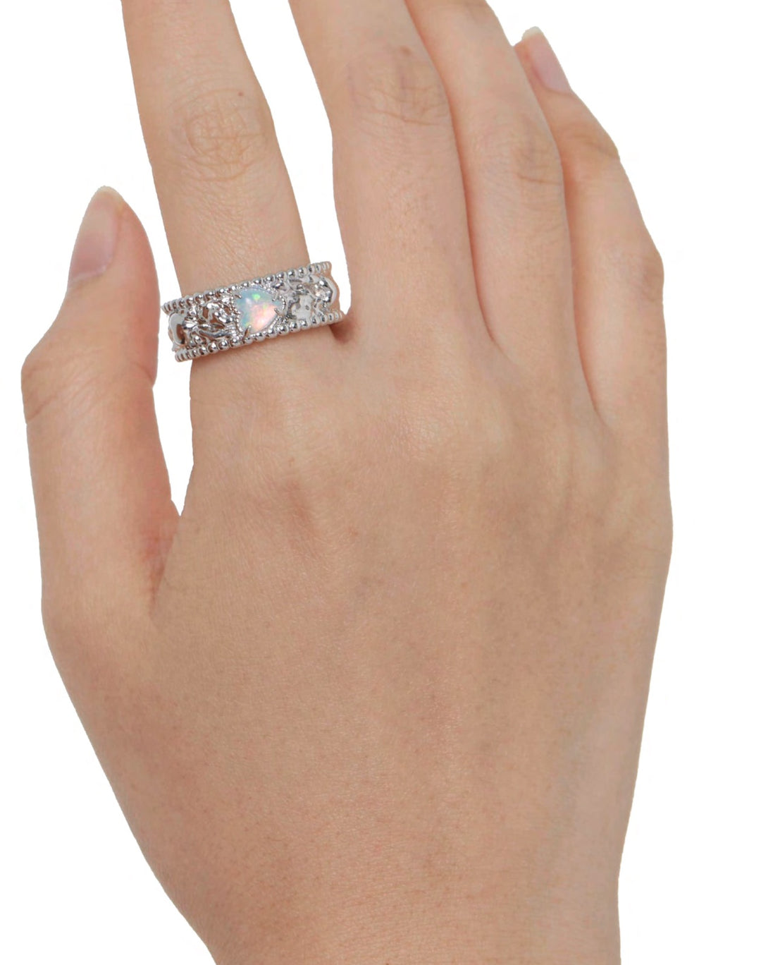 Opal Embossed Floral Silver Ring