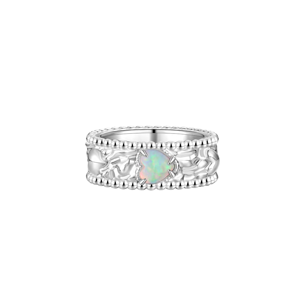 Opal Embossed Floral Silver Ring