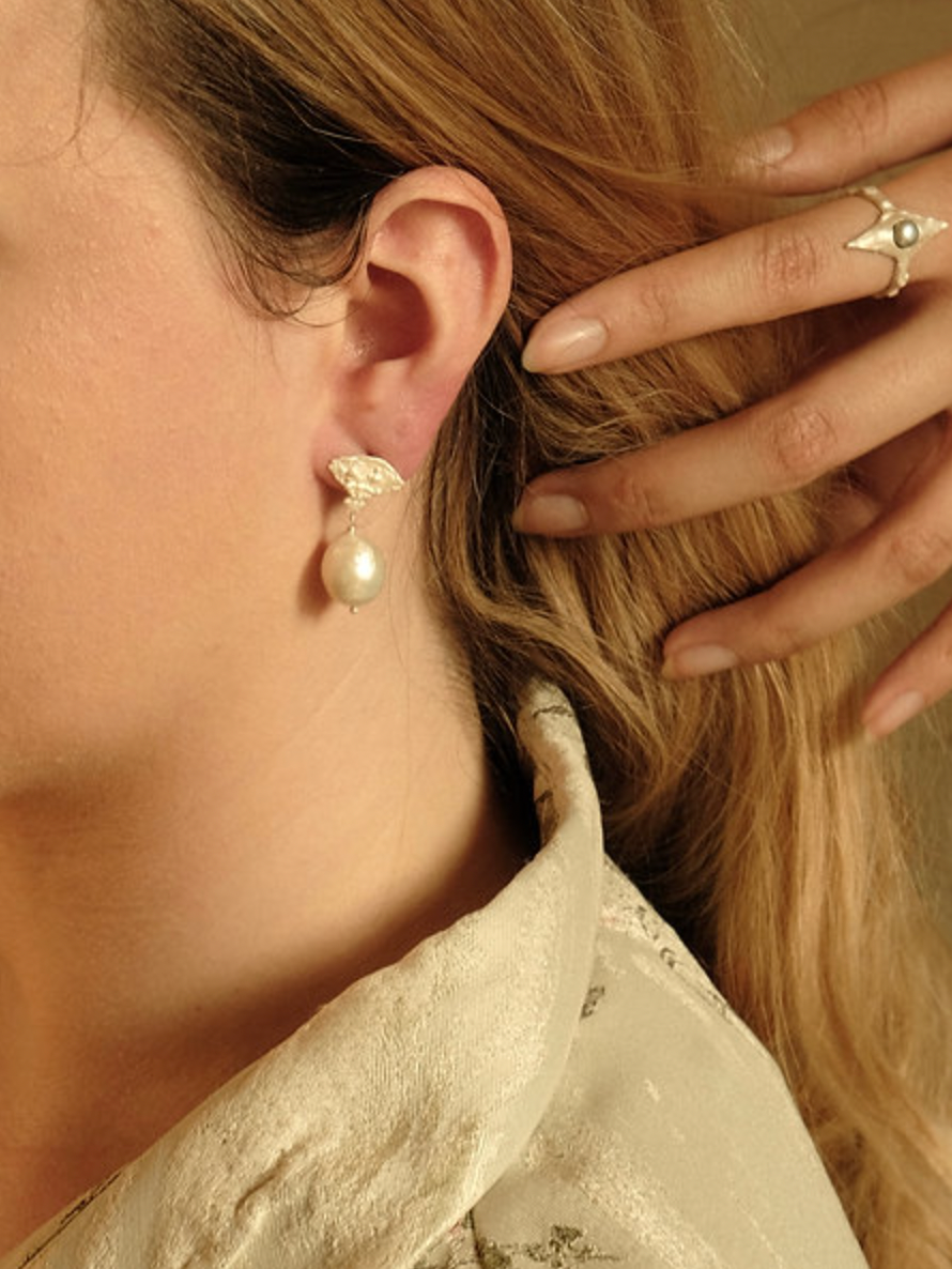 Fan Earrings With Big Baroque Pearls