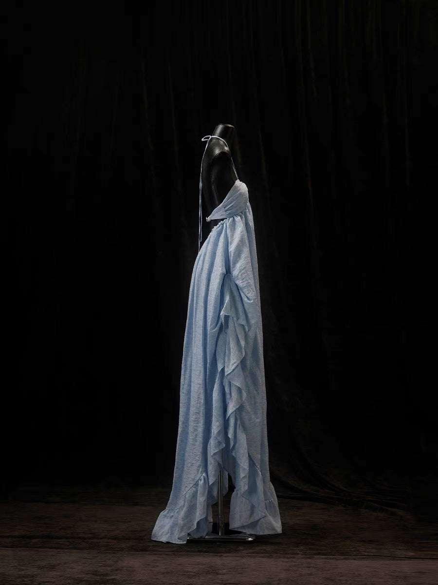 Ruffled Off-Shoulder Embroidered Dress blue