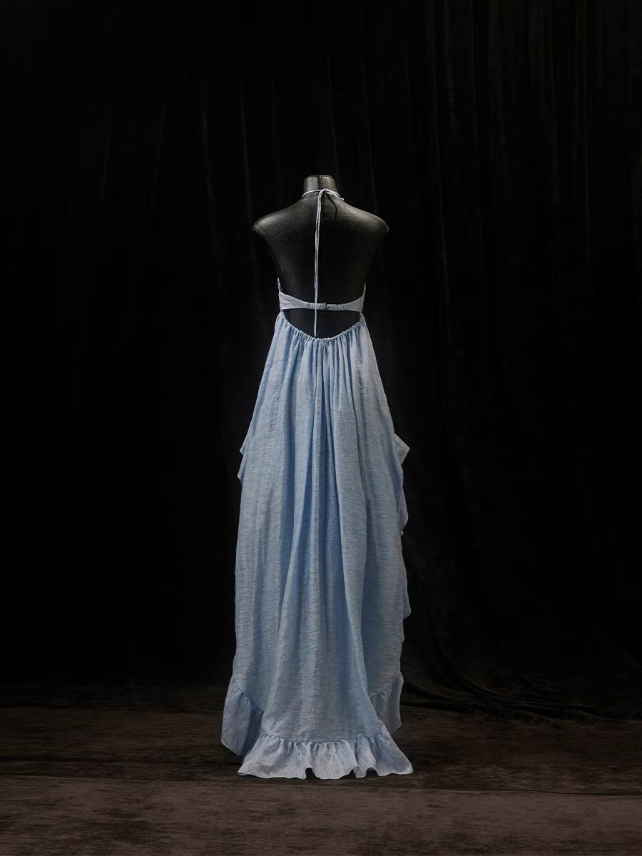 Ruffled Off-Shoulder Embroidered Dress blue