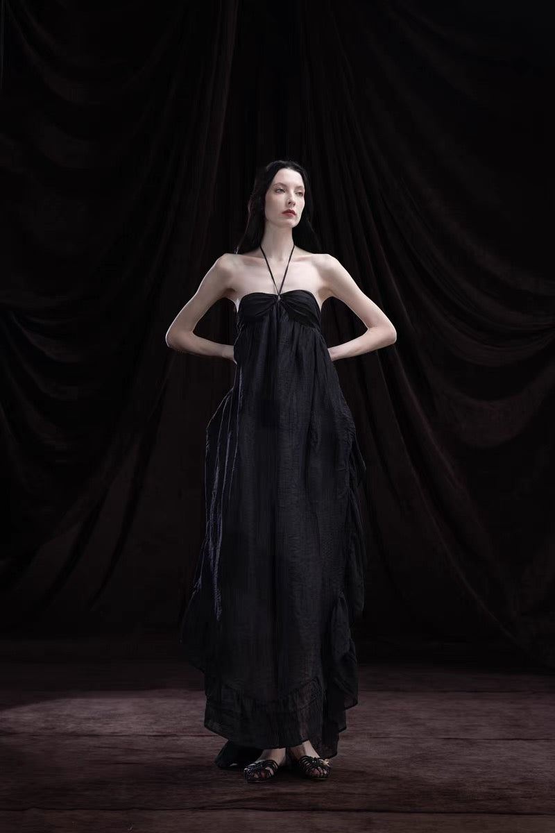 Ruffled Off-Shoulder Embroidered Dress black