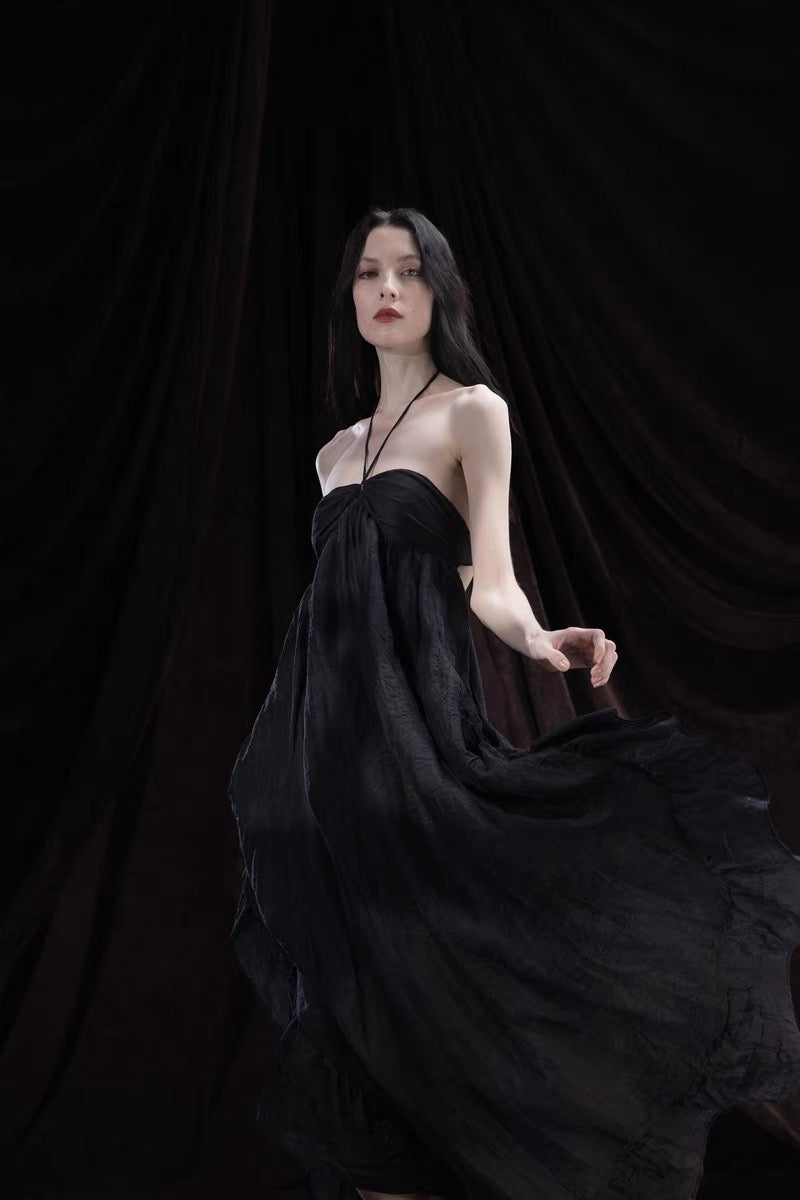 Ruffled Off-Shoulder Embroidered Dress black