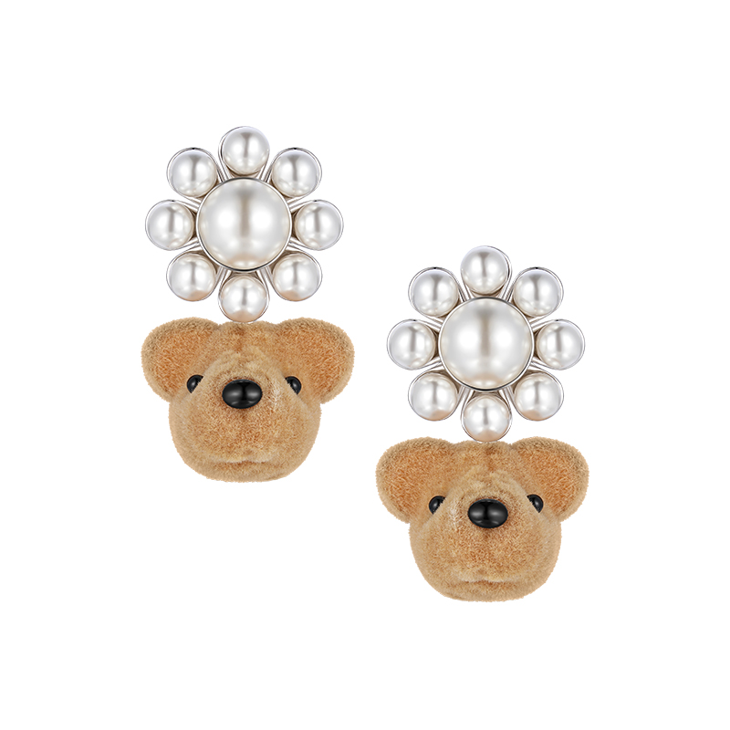 Flocked Bear Head Pearl Flower Earrings