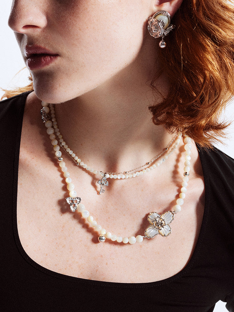 Tiny Key Beaded Necklace (Silver)