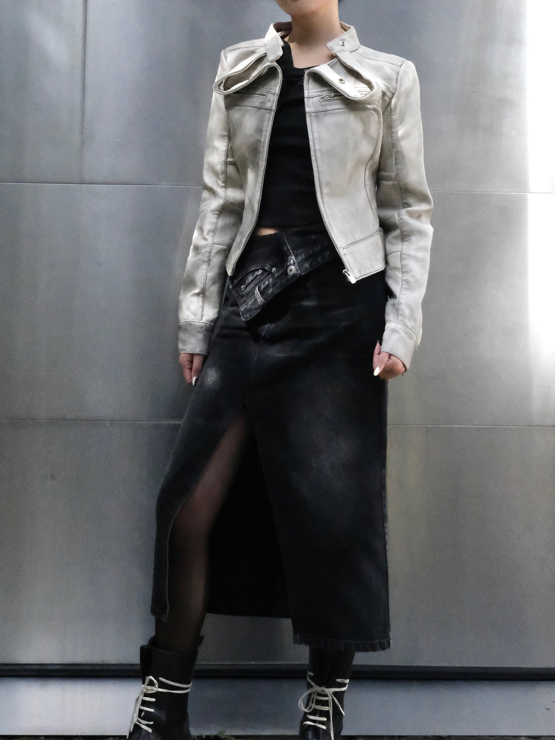 Long Lapel Leather Jacket White