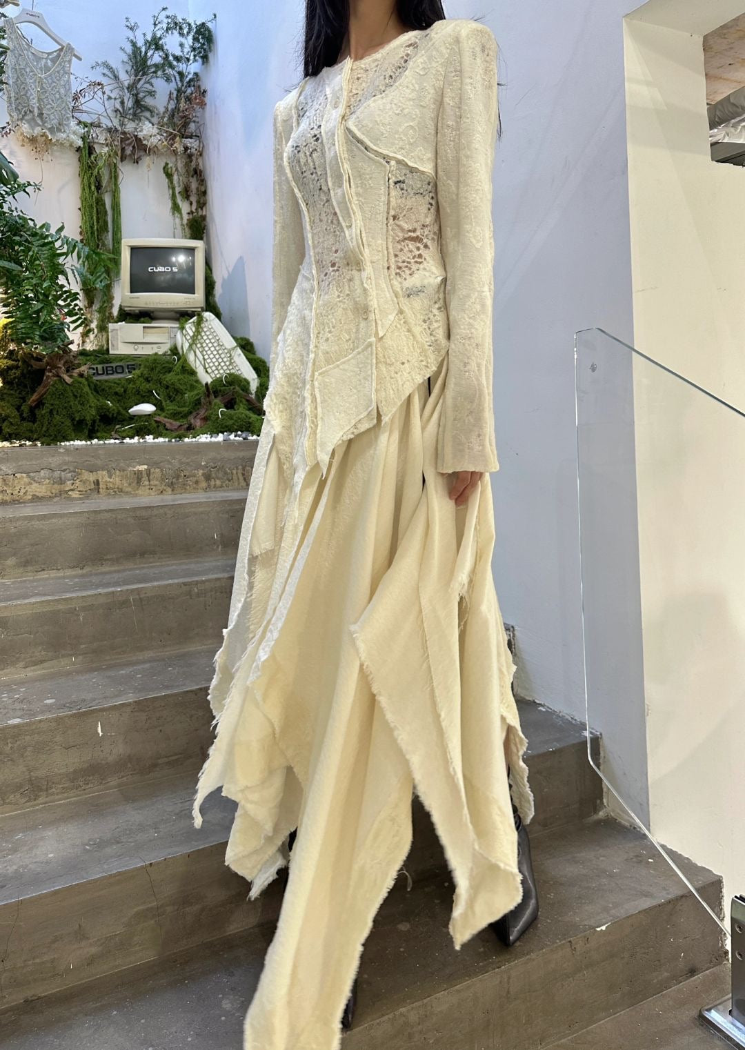 Trimmed Ripped Wool Skirt