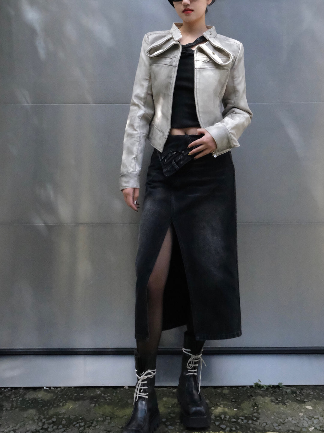 Long Lapel Leather Jacket White