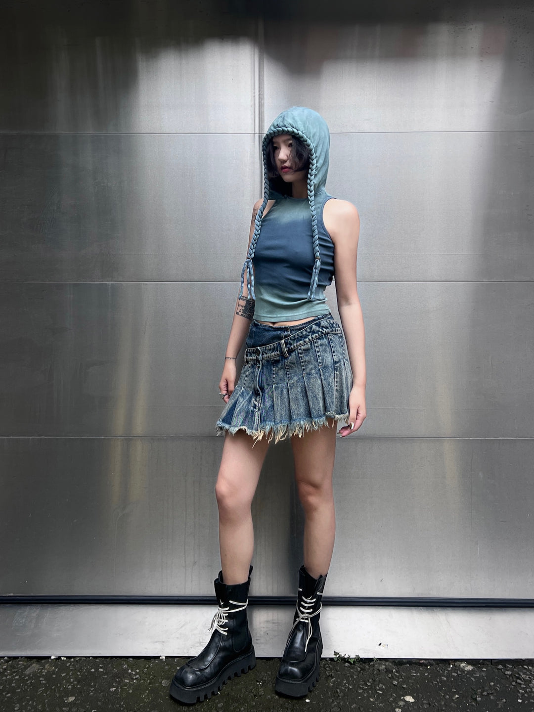 Blue Denim Pleated Skirt