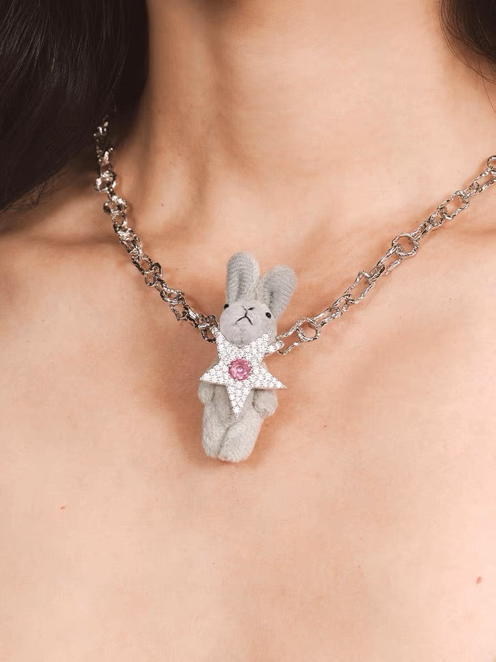 Pave Star Plush Rabbit Necklace