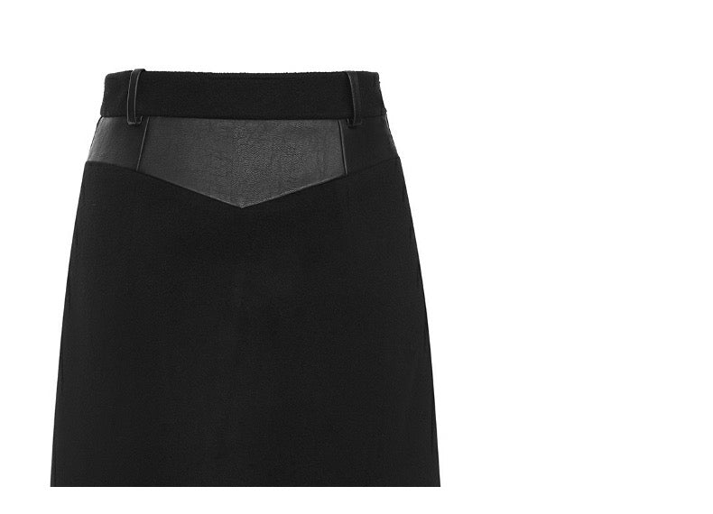 Black Wool Patchwork Slit Mini Skirt