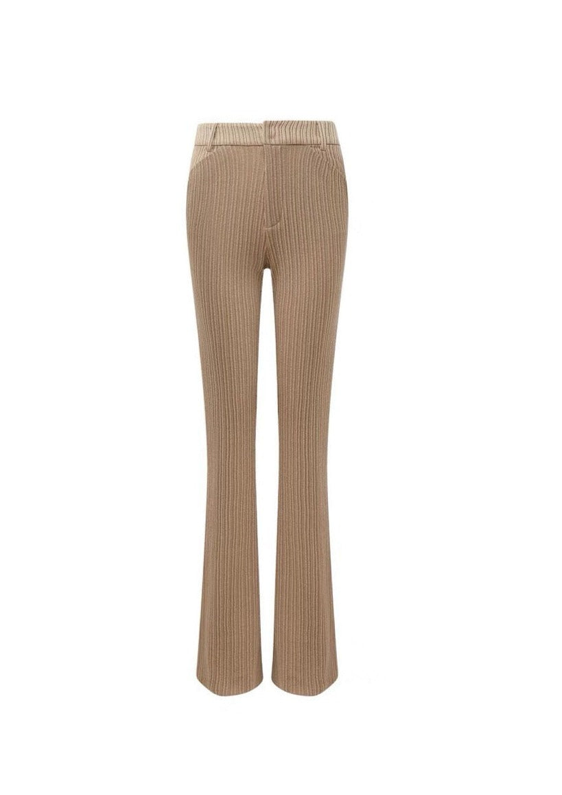Brown Ribbed Colorblock Stretch Lace Flared Trousers
