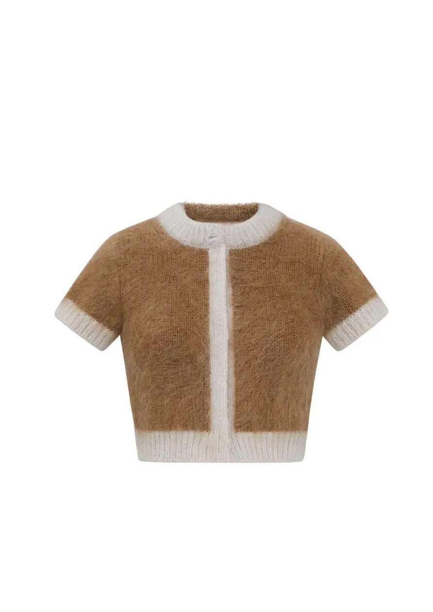 Beige Colorblock Mohair Short Sleeve Cardigan