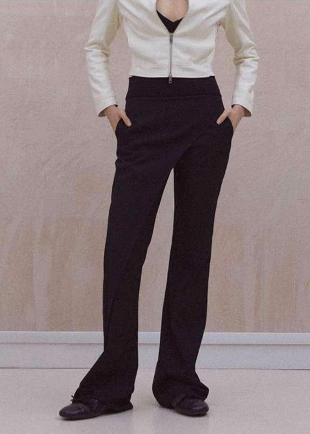 Asymmetric Faux Pleat Flared Trousers
