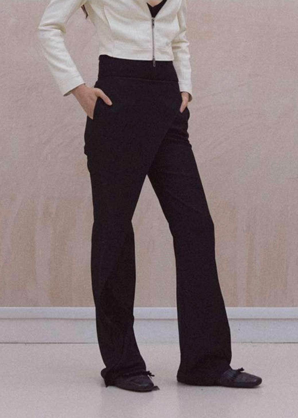 Asymmetric Faux Pleat Flared Trousers