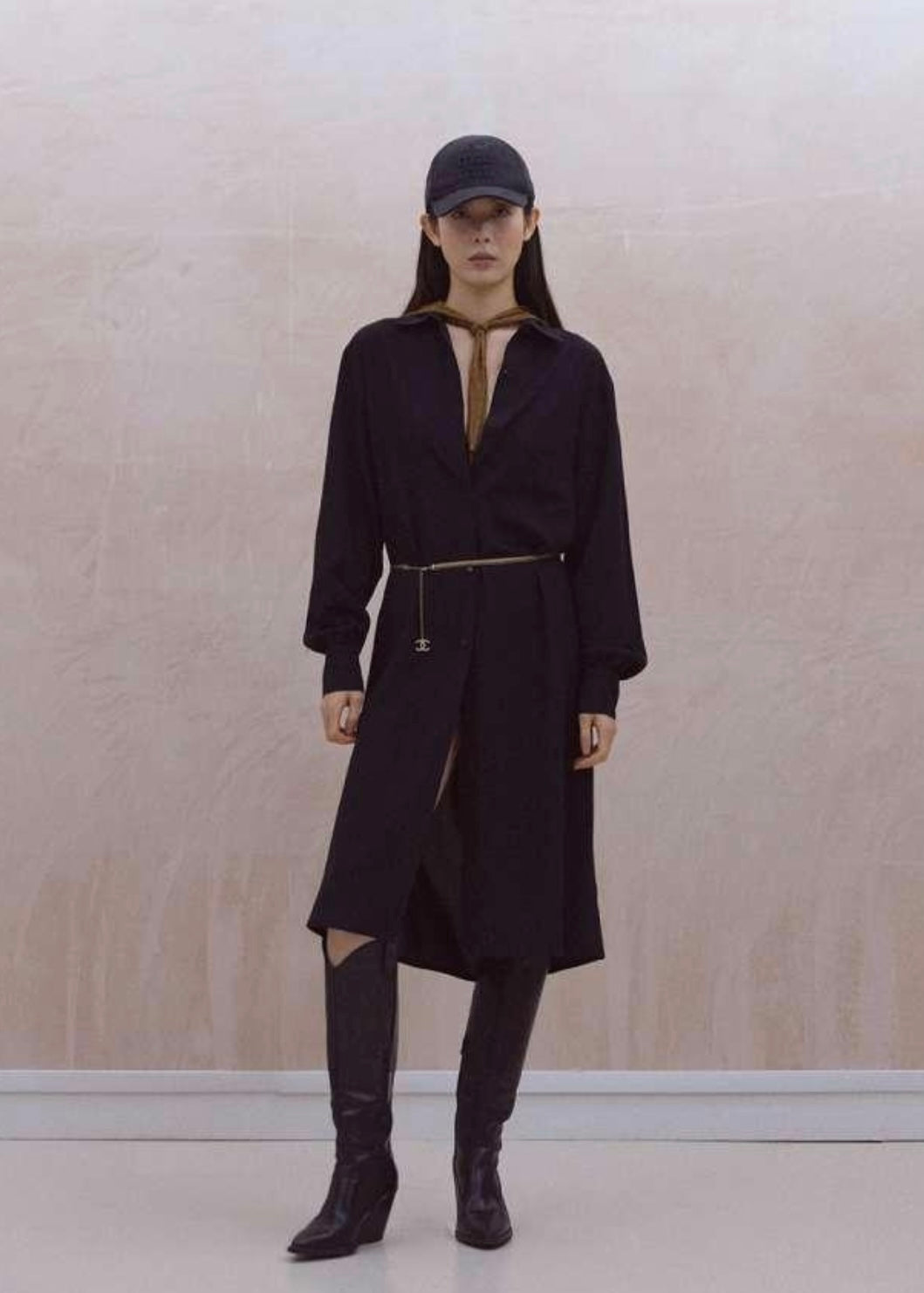 Loose-Fit Draping Long Sleeve Shirt Dress
