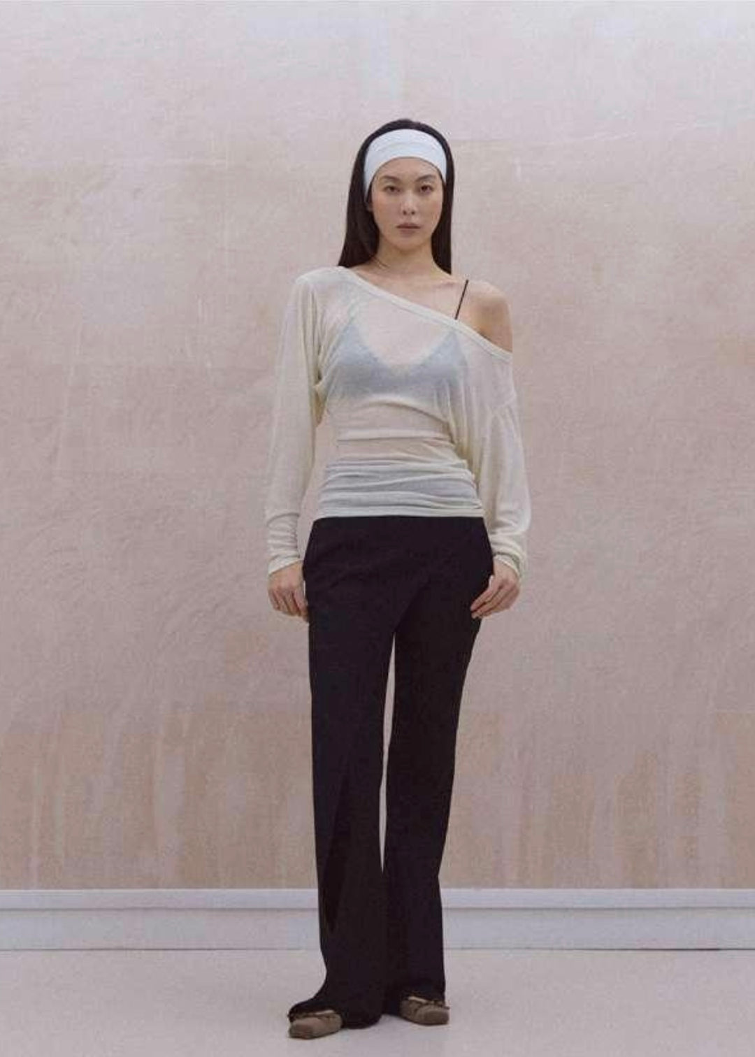 Micro-Sheer Puff Sleeves Boat Neck Pinstripe Peplum Top