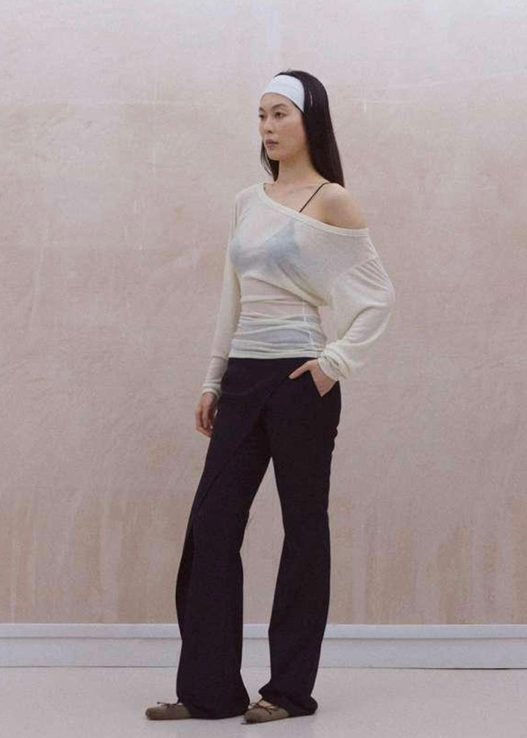 Micro-Sheer Puff Sleeves Boat Neck Pinstripe Peplum Top