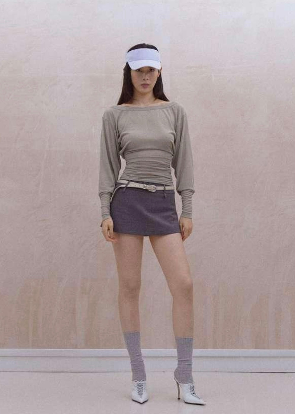 Micro-Sheer Puff Sleeves Boat Neck Pinstripe Peplum Top