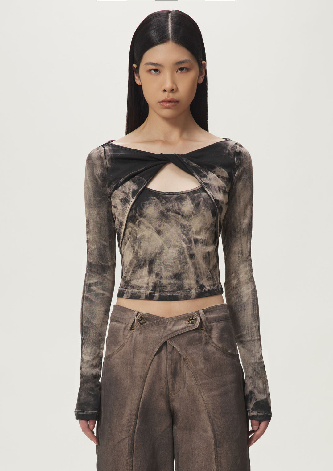 Brown Ruffled Cutout Top