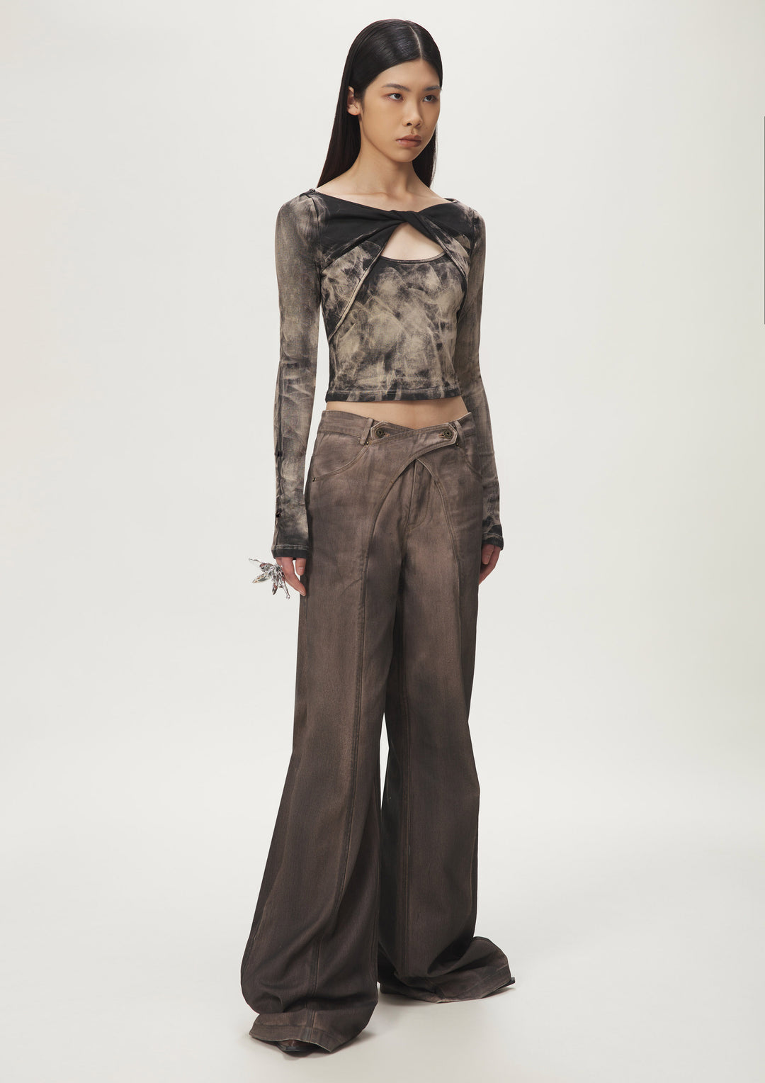 Brown Ruffled Cutout Top