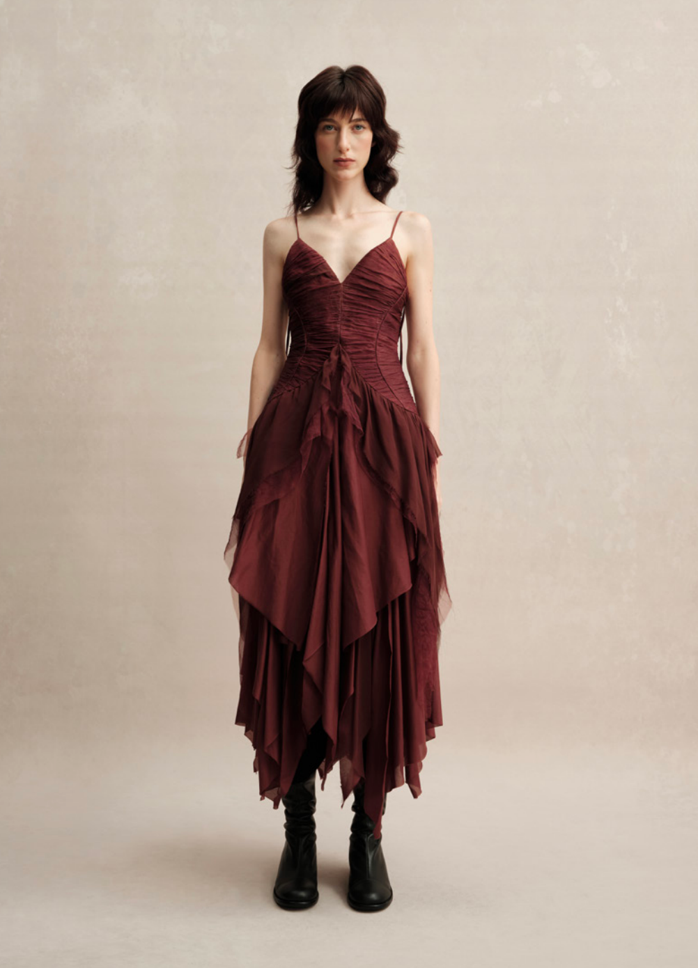 Red Gauze Pleated Halter Dress