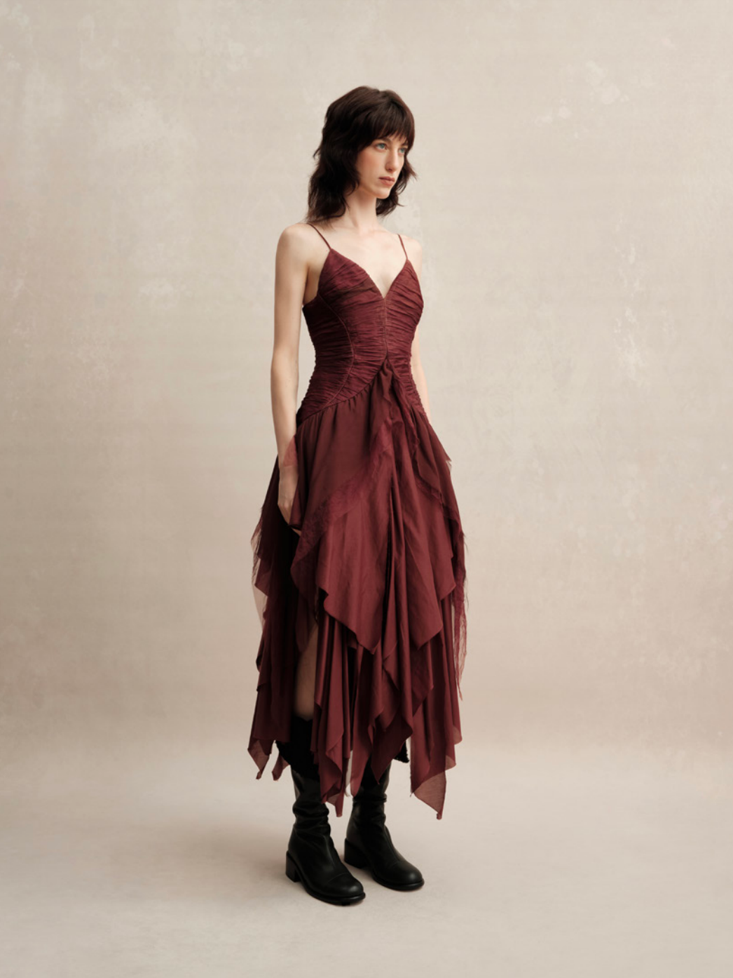 Red Gauze Pleated Halter Dress