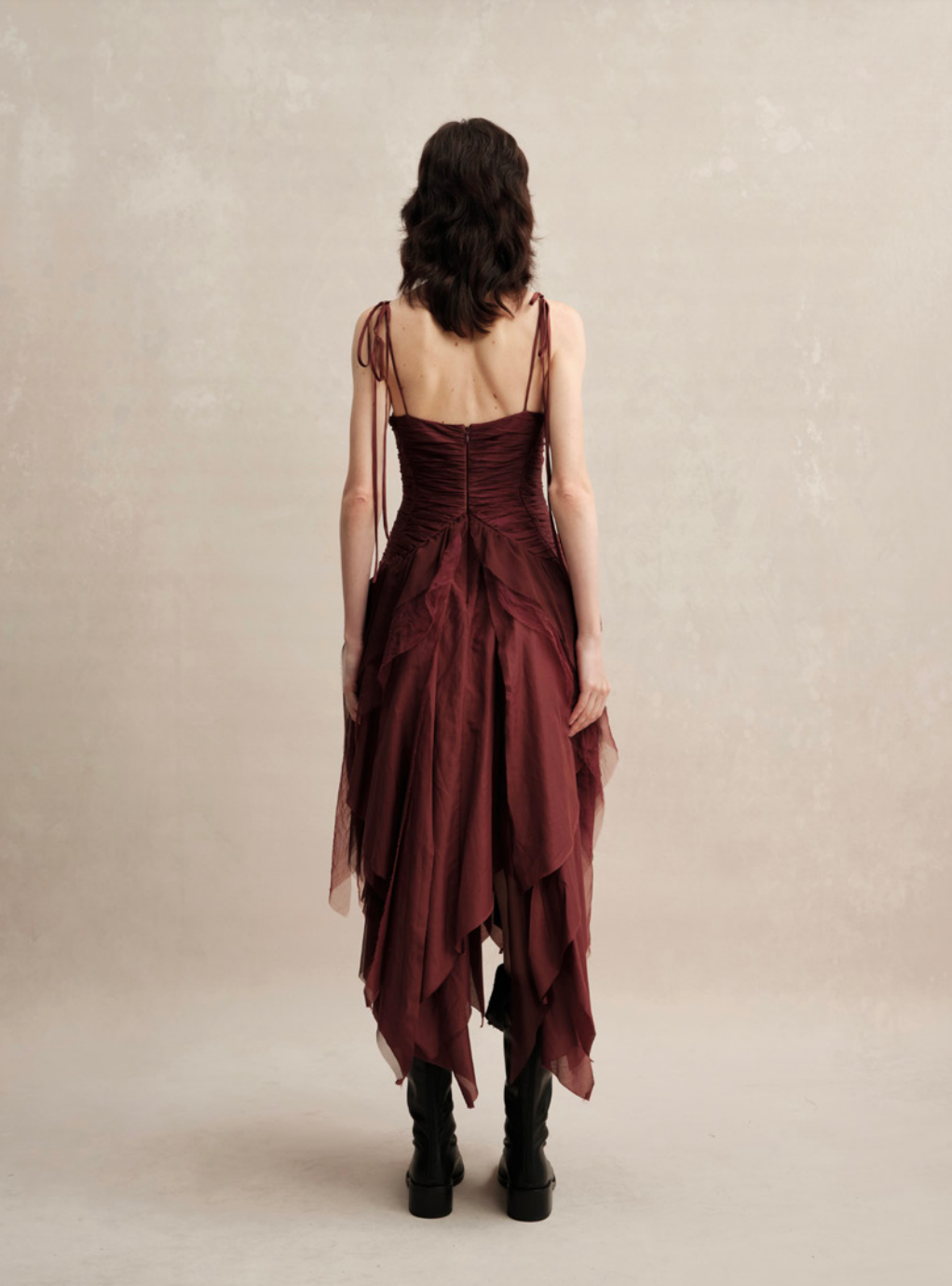 Red Gauze Pleated Halter Dress