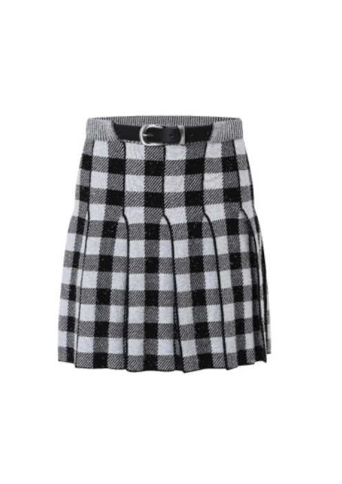 Twill Plaid Pleated Belt Skirt
