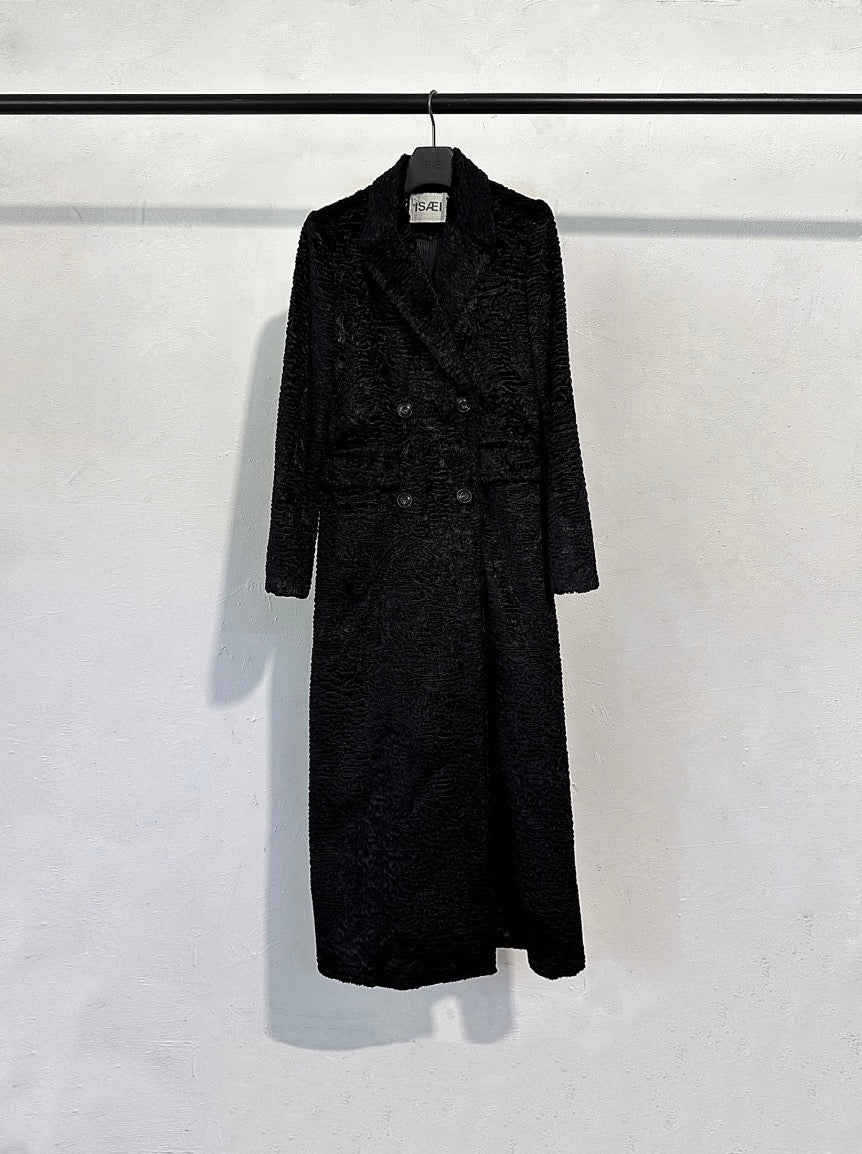 Alpaca Double Breasted Long Jacket in Black Dark Stripe