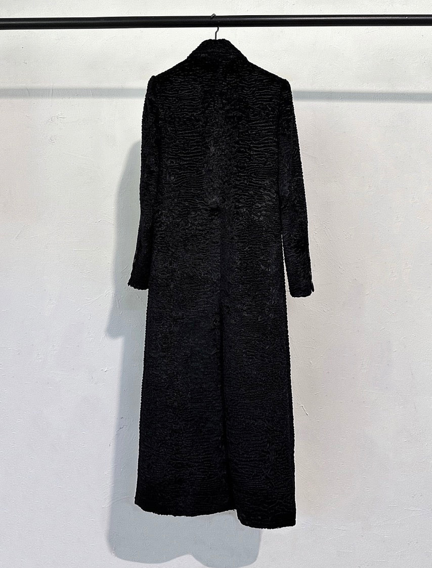 Alpaca Double Breasted Long Jacket in Black Dark Stripe