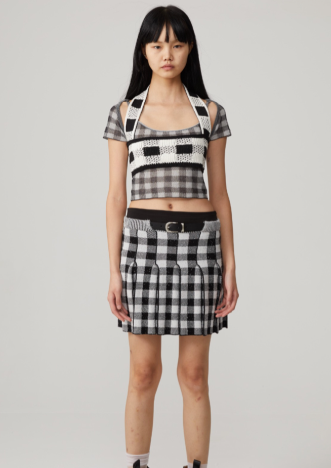 Twill Plaid Pleated Belt Skirt