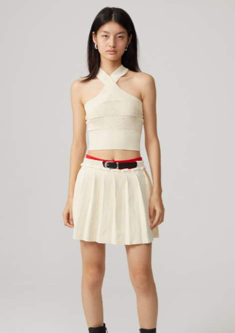 Pleated Skirt With Plain Texture Belt